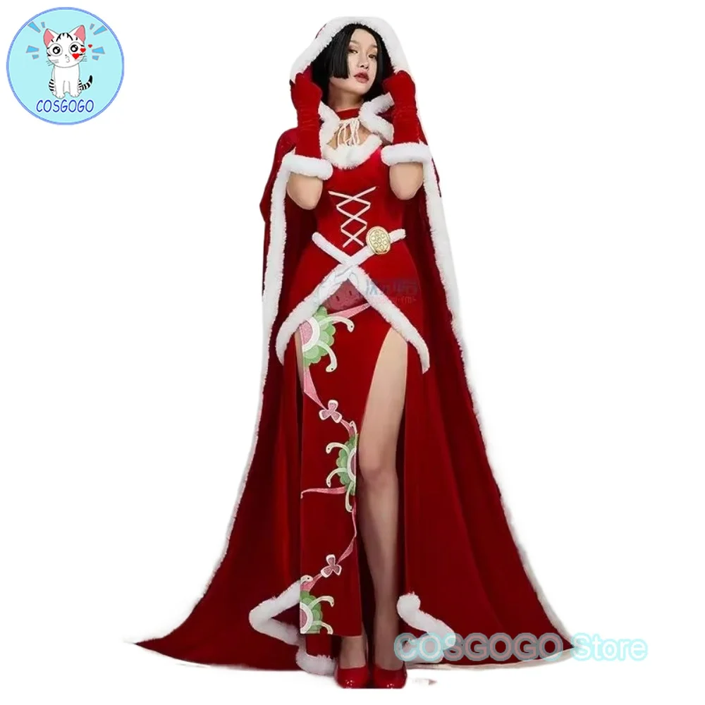 

COSGOGO Anime OP Boaa Hancockk Women's Snake Princess Christmas Style Velvet Dress Set Sexy High Slit Dress with Cape and Gloves