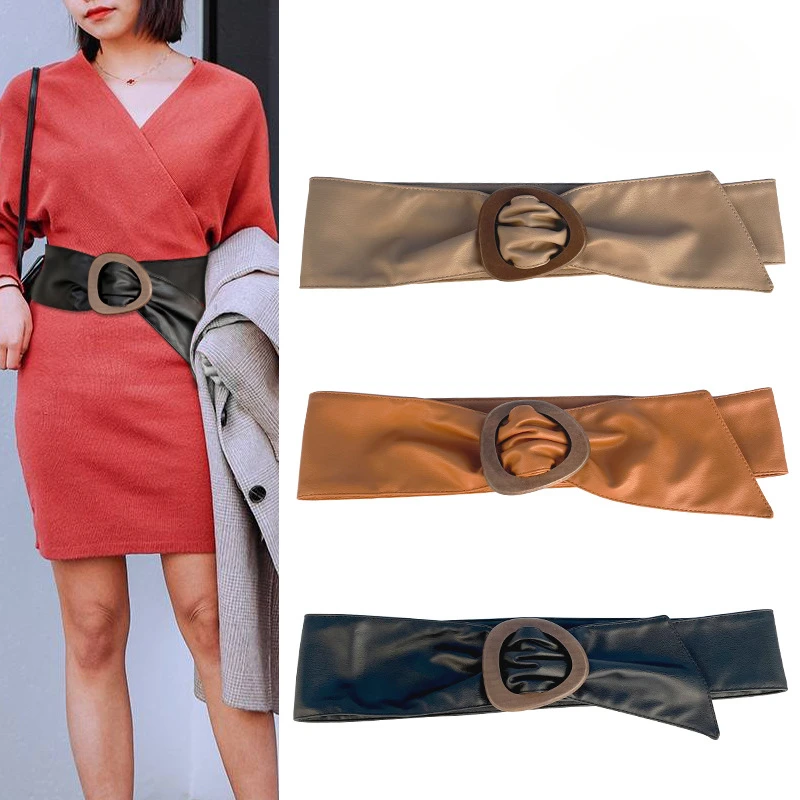 

AUtumn Coat Dress Soft PU Waistbands Women Elegant Non-buckle Adjustable Corset Fashion Ladies PU Leather Cinturones Women Belt