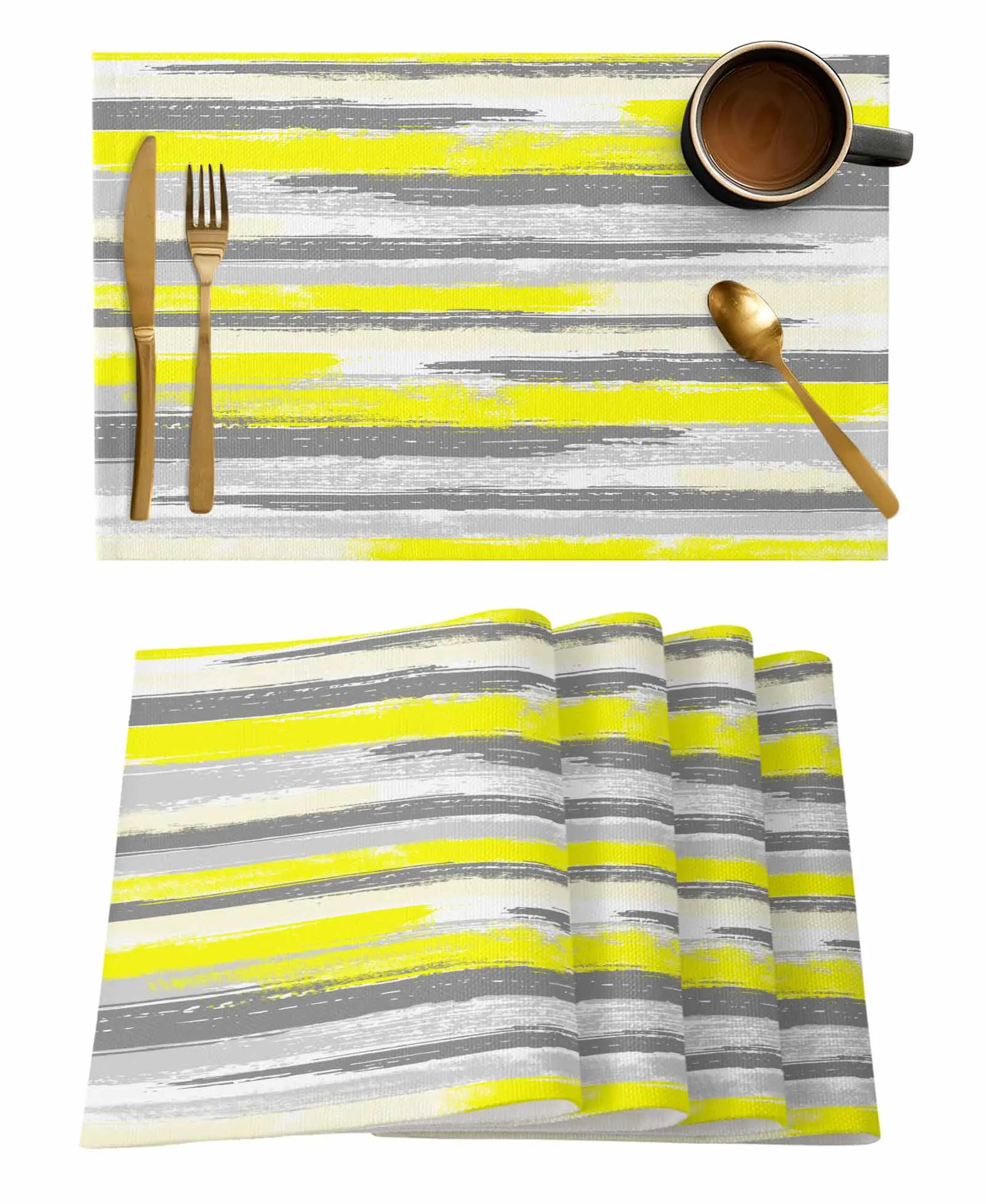 Geometric Line Brush Yellow Gray Kitchen Dining Table Decor Accessories 4/6pcs Placemat Heat Resistant Tableware Mats