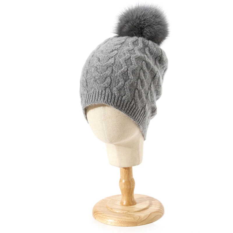 Winter New Fashion Women's 100% Pure Cashmere Hat Twist Warm Soft Hairball Beanies Autumn Windproof Outdoor Ski Skullies Cap Men