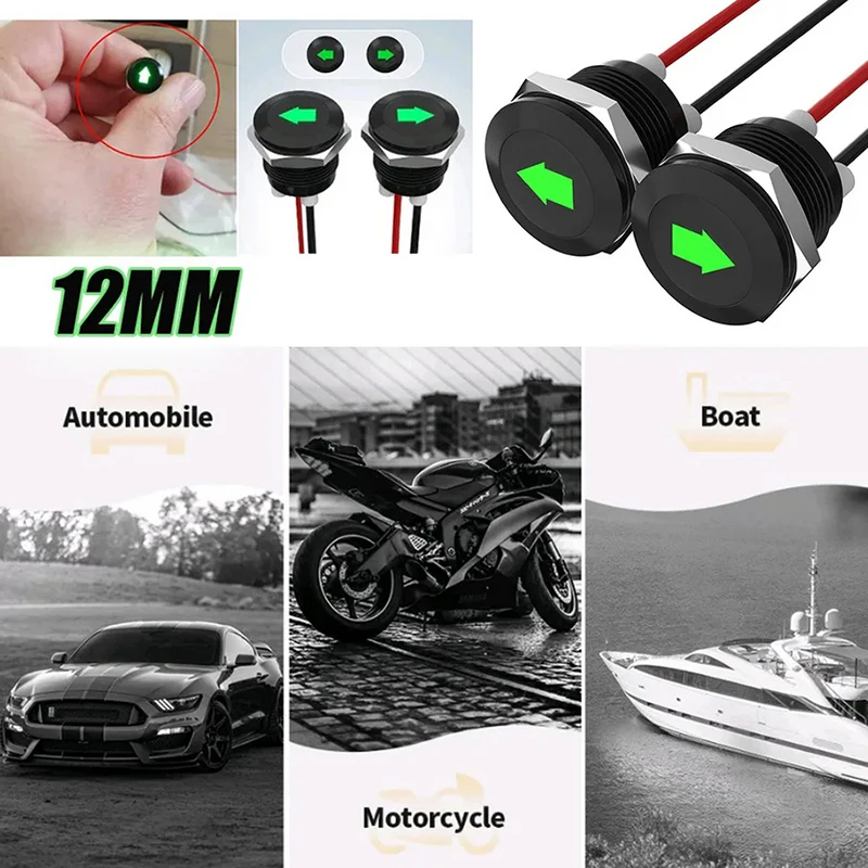 New 2Pcs Green Single Arrow Symbols 12V LED Indicator 12mm Wire Lead Metal Turn Signal Lamp  Dash Light Car Lights Accessories