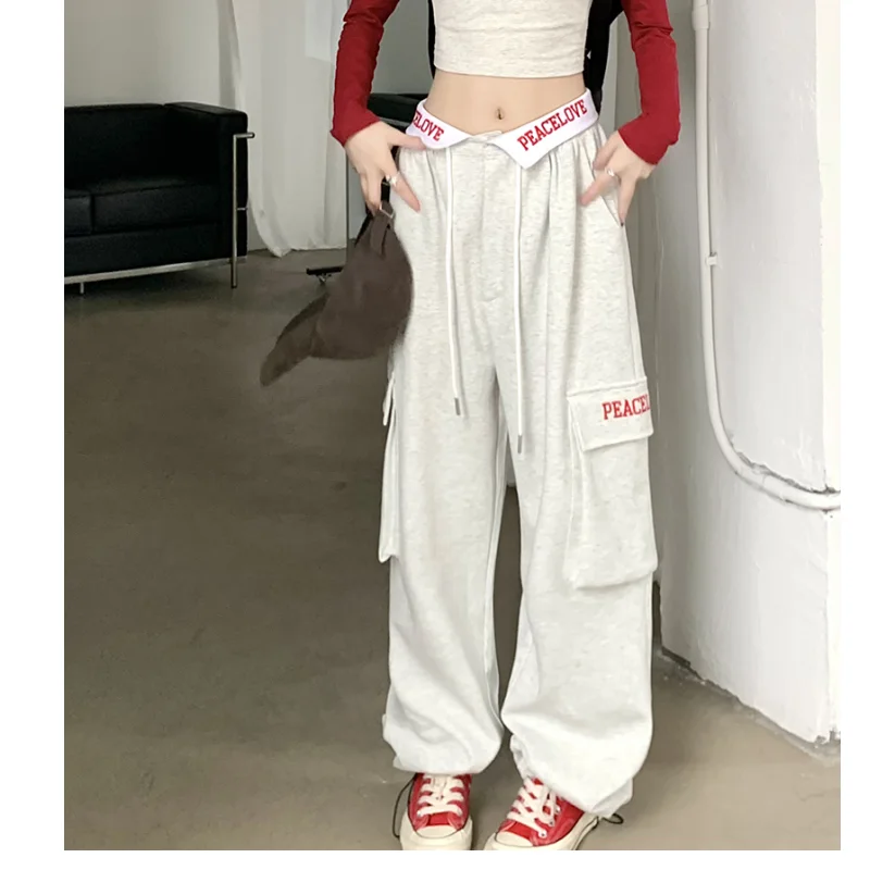 

Women's White High Waist Cargo Pants Hip Hop Pocket Baggy Straight Pants High Street Fashion Wide Leg Trouser Ladies 2023 Summer