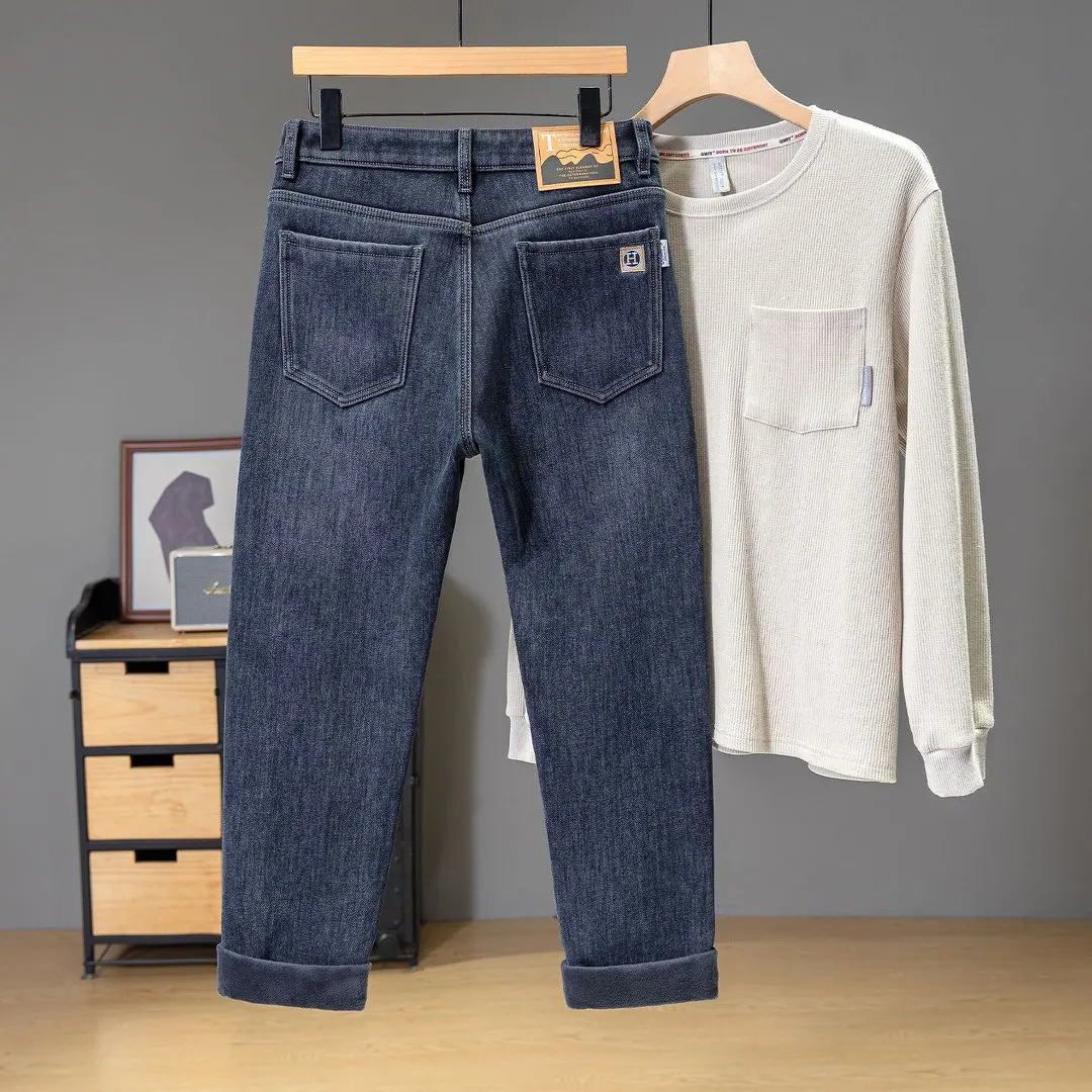 الشتاء الرجال مستقيم الصوف الدافئة الجينز تمتد مريحة فضفاضة عارضة الدنيم السراويل المخملية سميكة ضئيلة السراويل #3