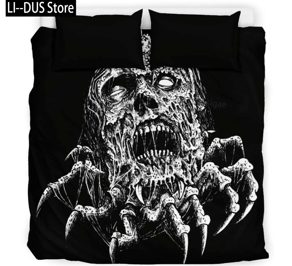Dead Harvest Garden Duvet Cover Or Pillow Shams For Skull Bedroom Decor, Earthy Color Gothic Bedding, Pumpkin Floral Halloween