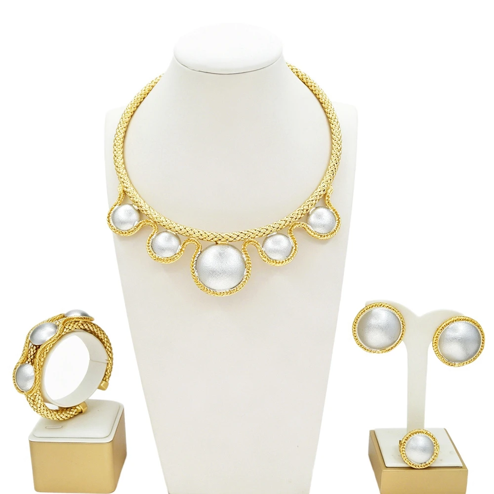 Women's Two-Tone Gold Silver Jewelry Set 4PCS Braided Chain Necklace & Matching Accessories