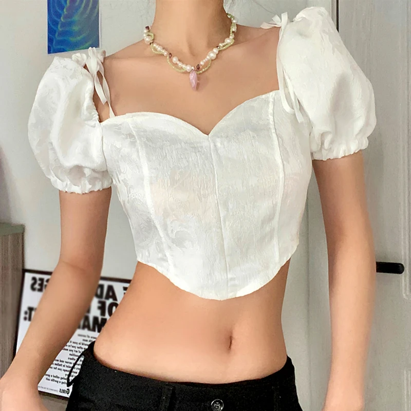 Summer Slim Square Collar Lacing Blouse For Women Solid Color Sweet Puff Short Sleeve Sexy Casual Versatile Crop Top