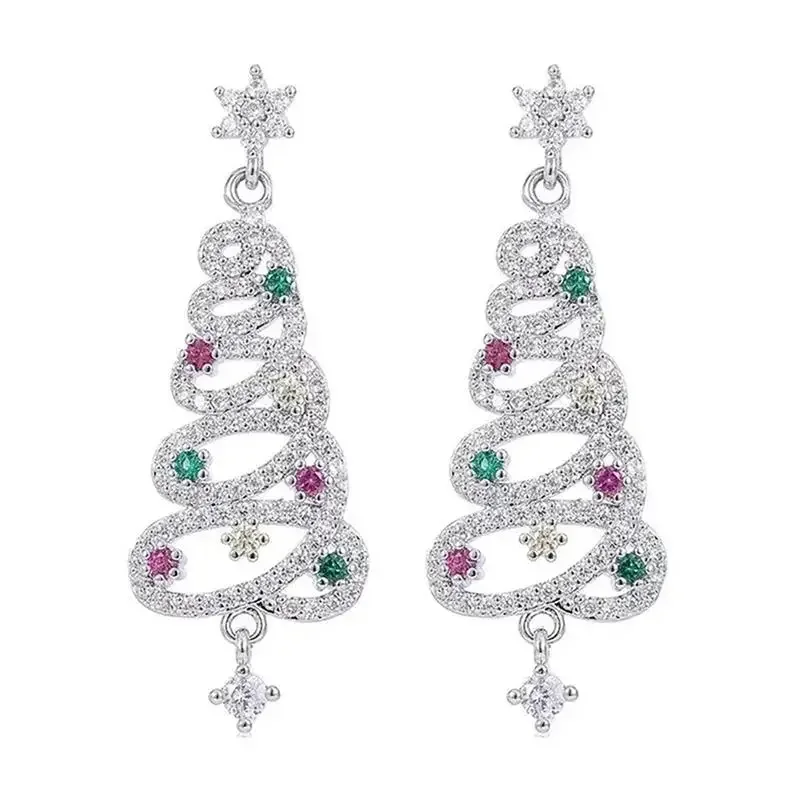 Huitan Ästhetische Bunte Kubische Zirkonia Weihnachtsbaum-Ohrhänger für Frauen, Hohles Kreuz, Party, Festival, Eleganter Schmuck – Detail 8