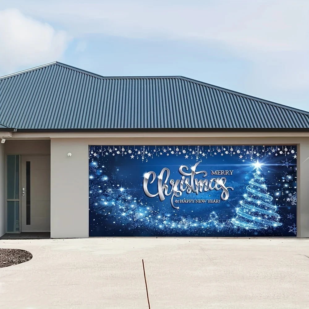 Christmas Decorated Banner Christmas Garage Door decorations, large blue Christmas Garage Door cover banner background