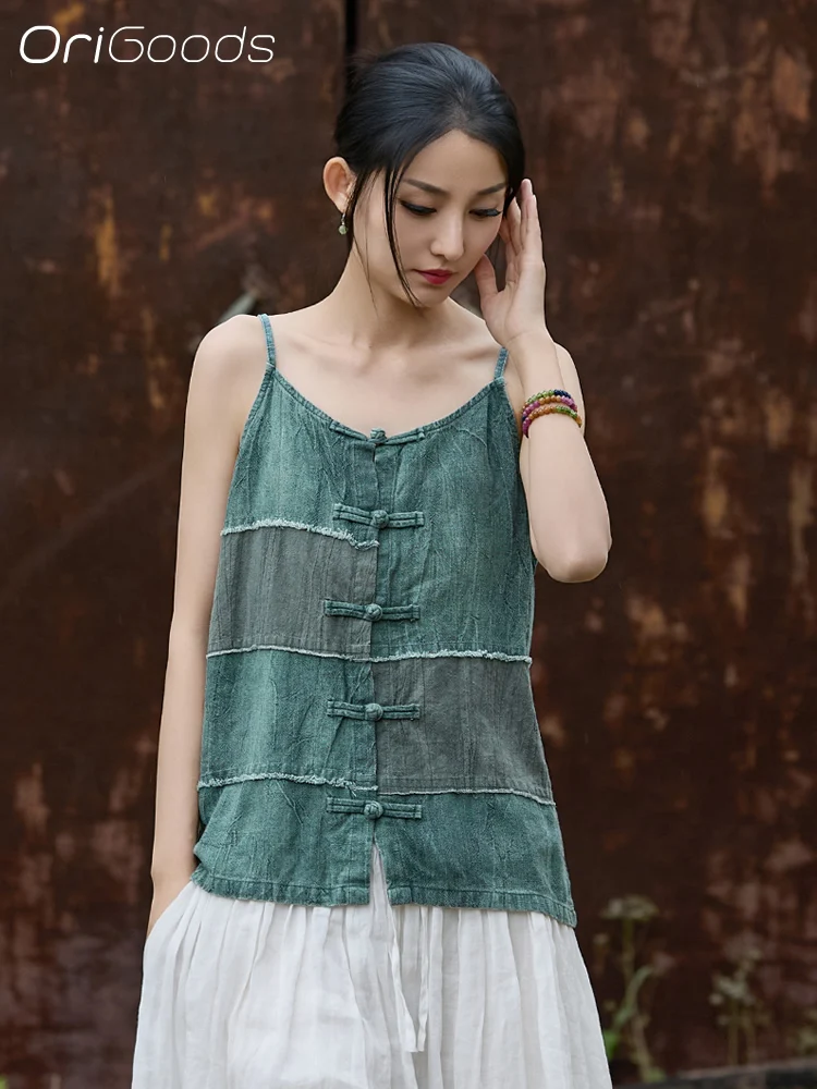 

OriGoods, летняя женская майка, новинка 2025, хлопковая лоскутная майка из рами, льняная милая винтажная майка, майки B319