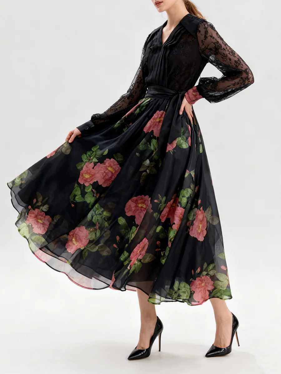 TWOTWINSTYLE Stampa Sheer Impiombato Lace Up Abiti eleganti per le donne Scollo a V Maniche lunghe Vita alta Abito casual Moda femminile