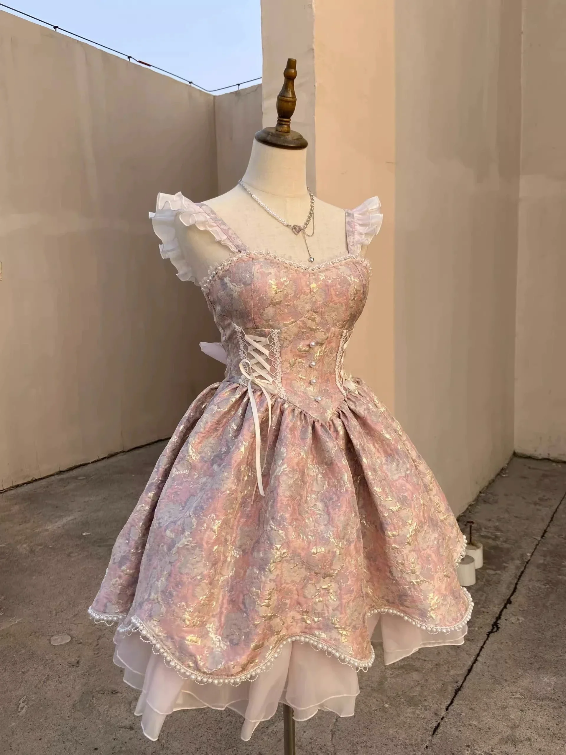 Pink Purple Flying Sleeve High Waist Jacquard Lolita Dress for Women 2023 Summer New Cute Sweet Umbrella Princess Dress Female