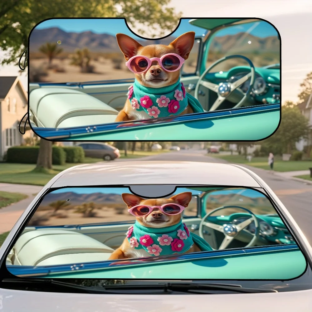 

1pc, Trendy Chihuahua Vintage Car Scarf Design Sunshade For Car Windshields, Functional Foldable Visor, Ideal For Daily Use, Lon