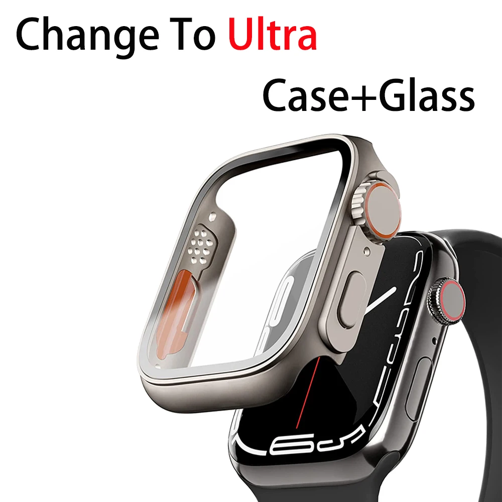 2-in-1 Case Cover For Apple Watch 44mm 40mm 45mm 41mm PC Screen Protector With Film Turning into Ultra iWatch series 8 7 6 5 se