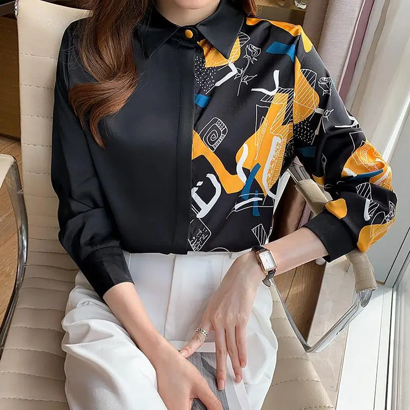 Ladies Spring Summer Fashion Simplicity Button Printing Color Blocking Polo Collar Women Shirts Office Lady Trend Long Sleeve To