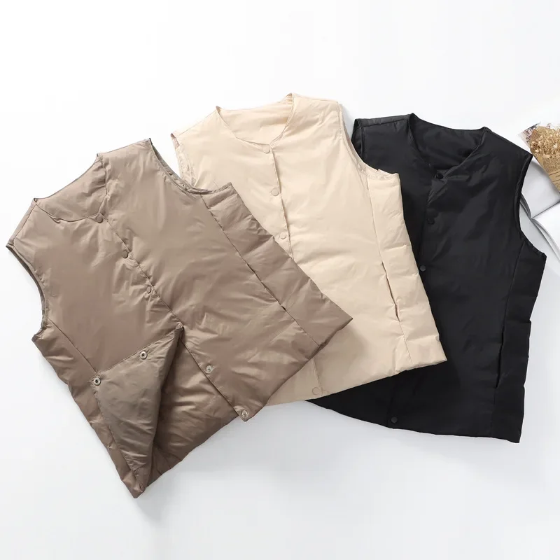 

Зимний европейский женский пуховый жилет 2025 года, облегающий легкий короткий жилет на белом утином пуху, топ