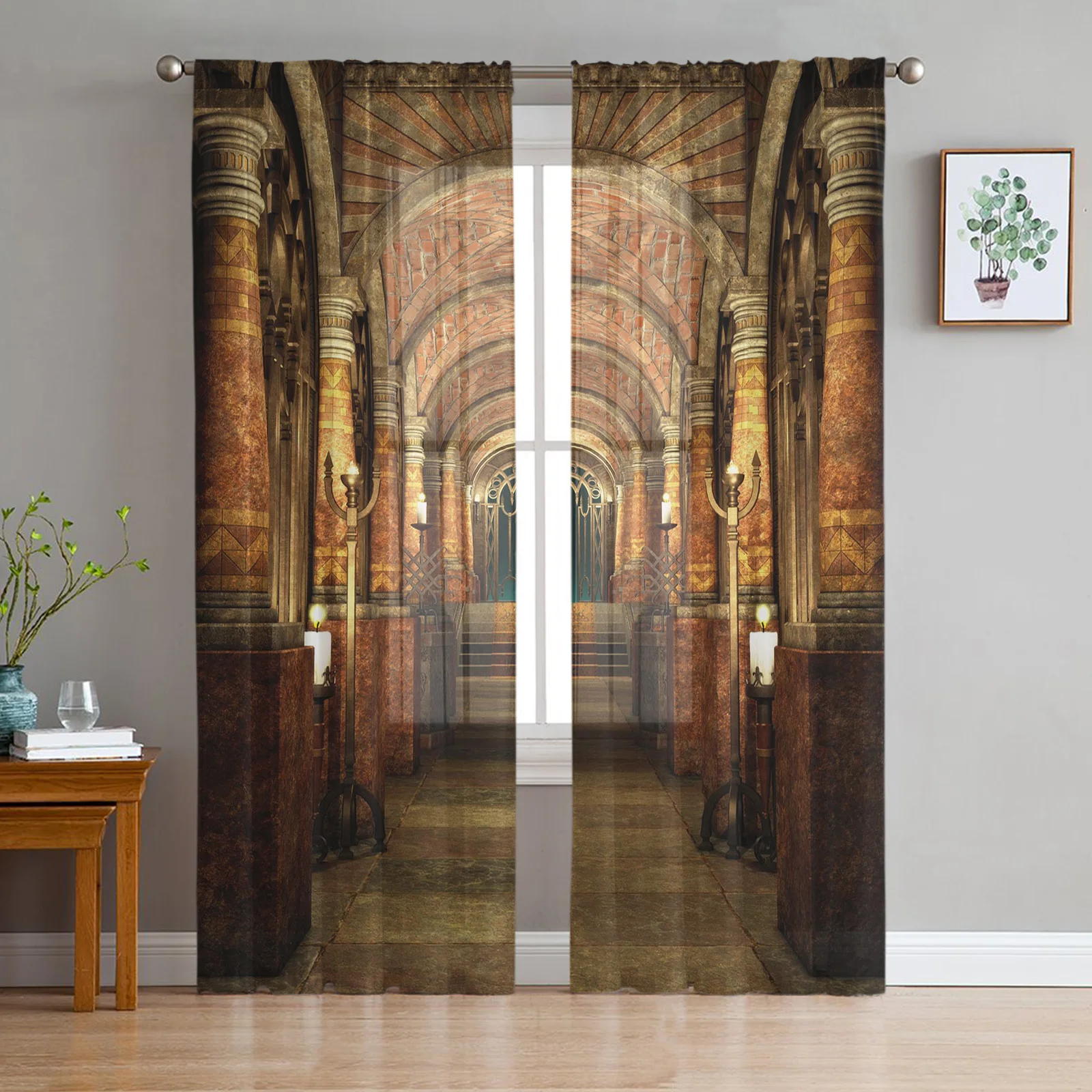 Corridor Palace Ancient Building Chiffon Sheer Curtains for Living Room Bedroom Home Decor Window Voile Tulle Curtain Drapes