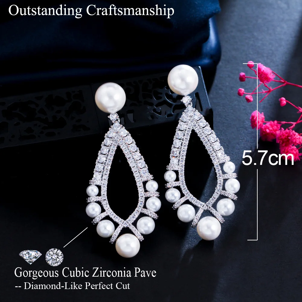 CWWZircons Bling Cubic Zirconia Paved Luxury Big Long Dangle Pearl Wedding Earrings for Women Elegant Party Bridal Jewelry CZ223