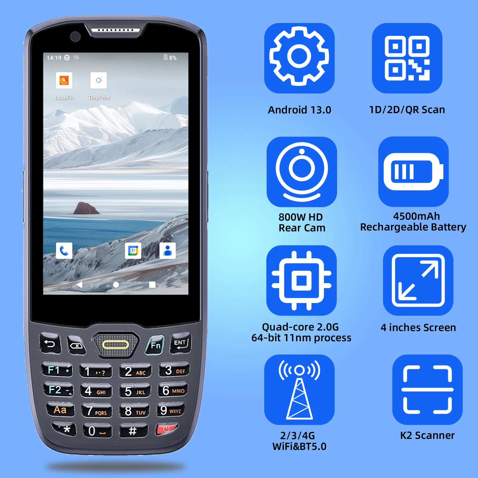 Barcode Scanner Handheld PDA Scanner POS Terminal Data Collector Inventory Machine 2D Barcode Scanner 4G WiFi BT 4 Inch Screen