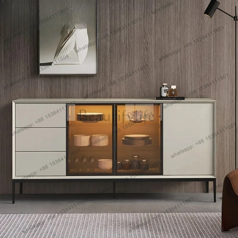 Italian minimalist side cabinet baking paint modern solid wood sensor lamp tea storage porch cabinet multi-function