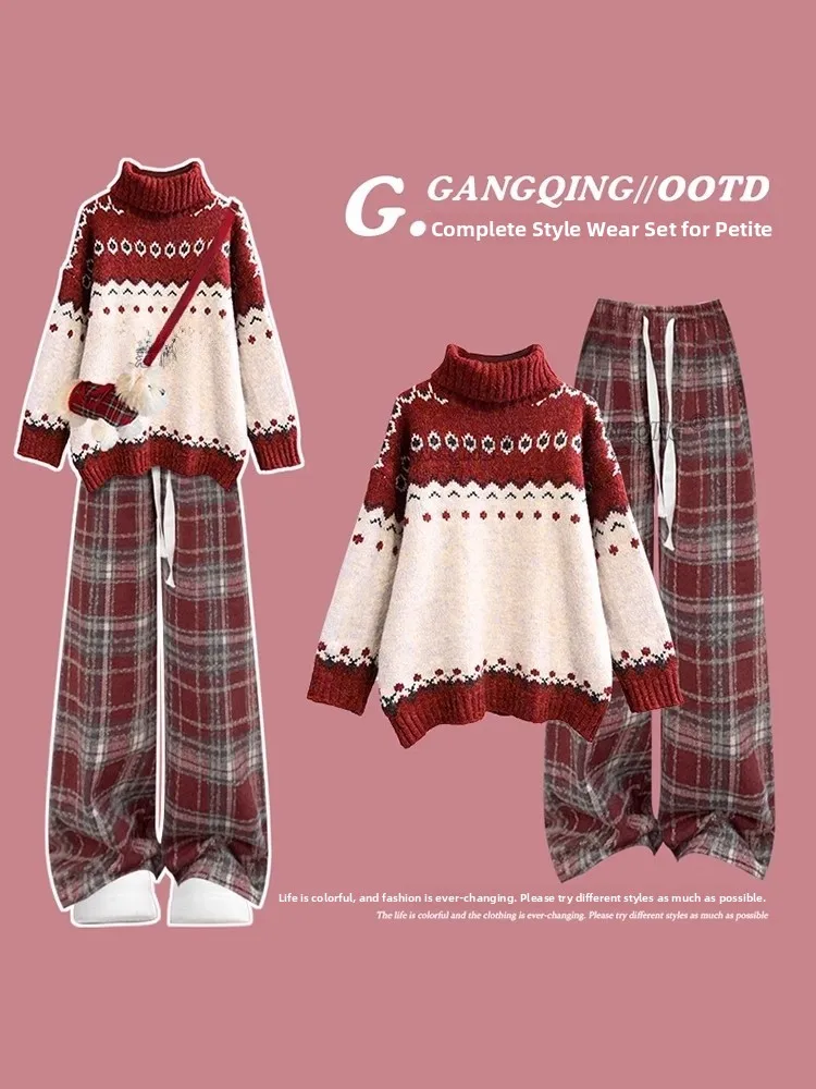 

Large Size Autumn Winter Casual Set Women's Fair Isle Red Cisas Sweater with Lazy Plaid Wide Leg Pants Two Piece Set
