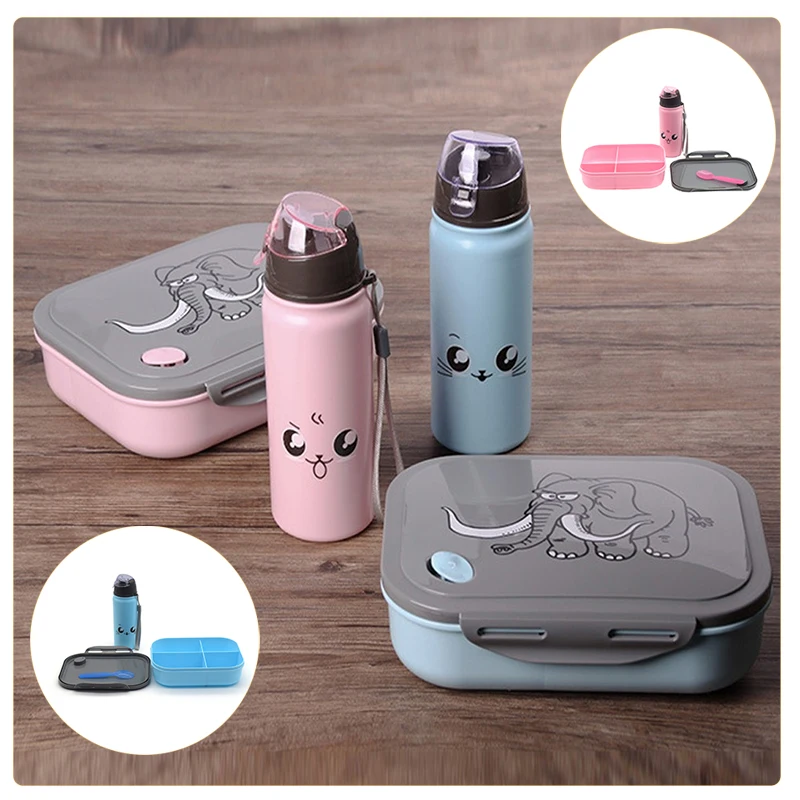 Cartoon Elephant Pattern Lunch Box with Water Bottle Sets Food Grade Compartment Microwave Oven Safe Portable Storage Insulated