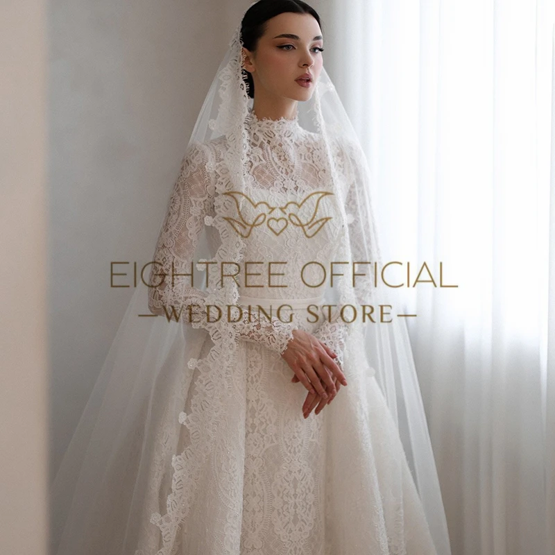 Eightree Elegant A-Line Wedding Dresses High Neck Long Sleeves Lace Bridal Dress Boho Beach Wedding Prom Ball Gowns Customized