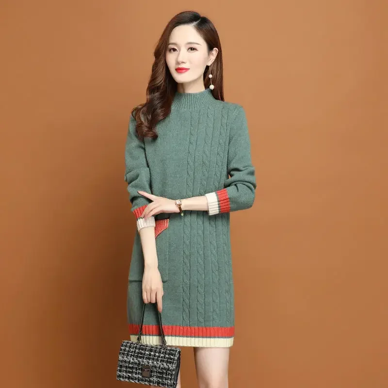 Kobieta Dzianinowa Sukienka Turtleneck Pocket Cover Up Loose Knee Length Color Matching Midi Crochet Dresses for Women Harajuku Cotton G