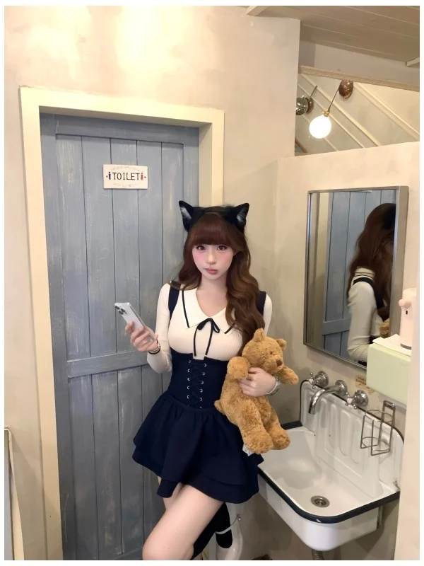 

Spring New Sle Chic Knitted Long Sve Top with Waist Tie And Skirt Two Piece Set for Women High Waist Work orm