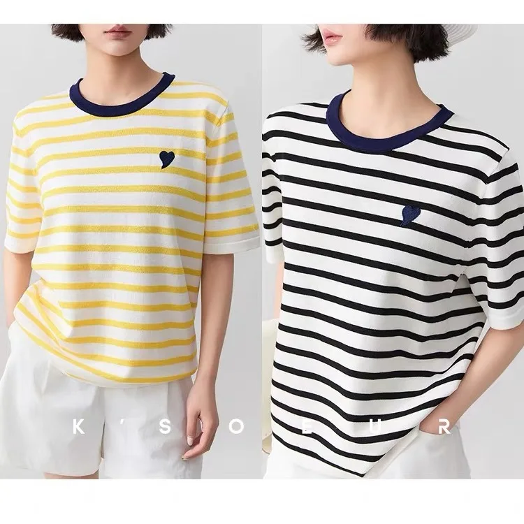 Verão feminino de malha camiseta camisola amor bordado listrado solto moda casual camisetas topos manga curta coreano senhoras jumpers