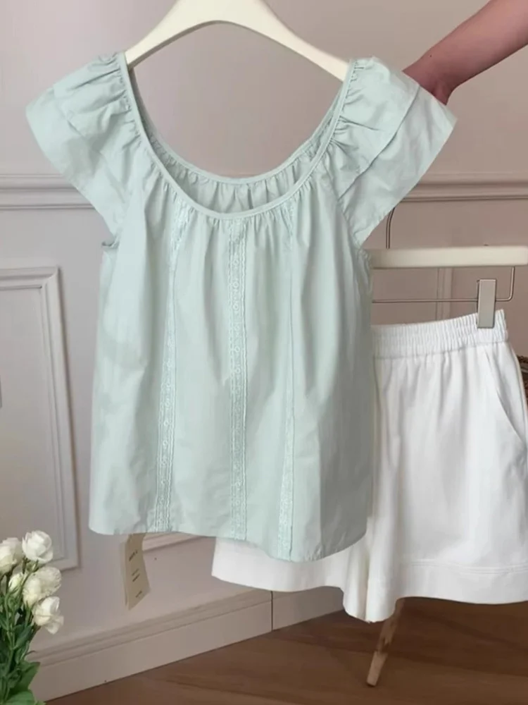 

Faionable Pure Desire round Ne Fly Sve Summer New irt Commute Versatile Top High-End Feeling Women's Lace irt