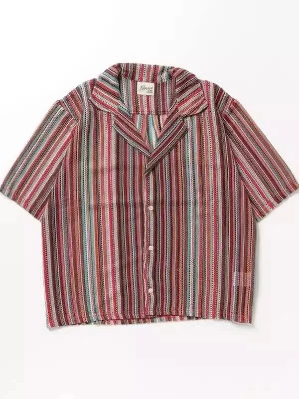 

Summer 2025 Men's Retro Style Color Block Collar Shirt Striped Design Loose Casual Short Sleeve Breathable Polyester Fiber