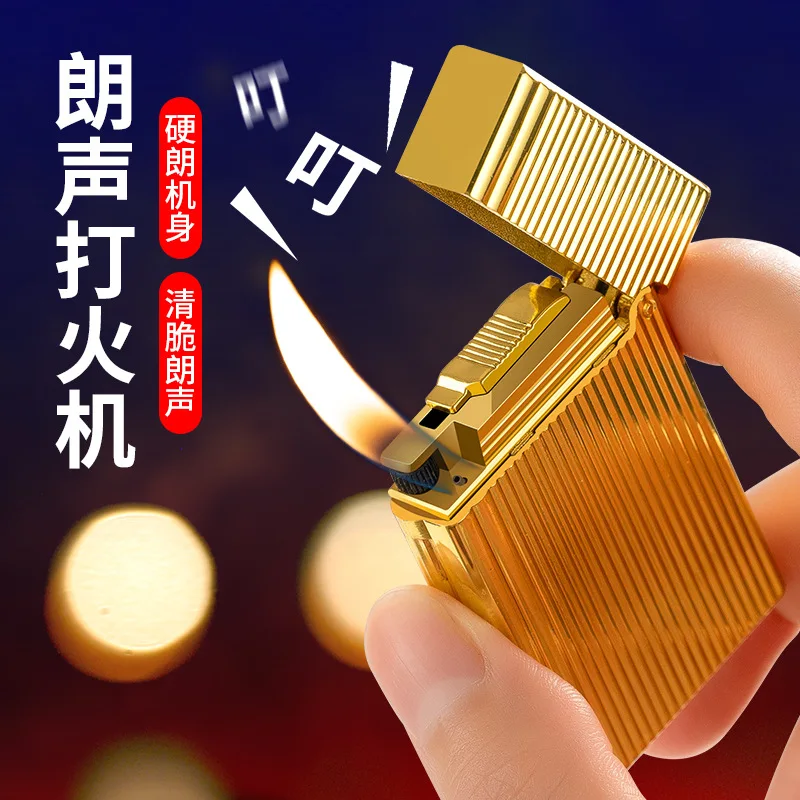 New Men's Business Trend Open Cover Steel Sound Inflatable Metal Straight Gas Lighter Men's Gift Cigar Cigarette Accessories