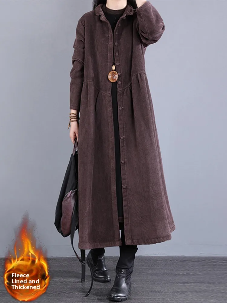 

Women's Vintage Corduroy Open Cardigan Coat Loose Thiened Long Sve Pure Color Commute Sle Button Plaet Winter Jaet