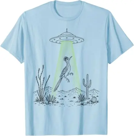 Roadrunner und UFO-Alien-Entführung Wüstenwissenschaft Humor T-Shirt Y2k Lustiges Südwest-Wüsten-Vogel-Kunst-Grafik-Kleidungsstück Neuartiges T-Shirt – Detail 7