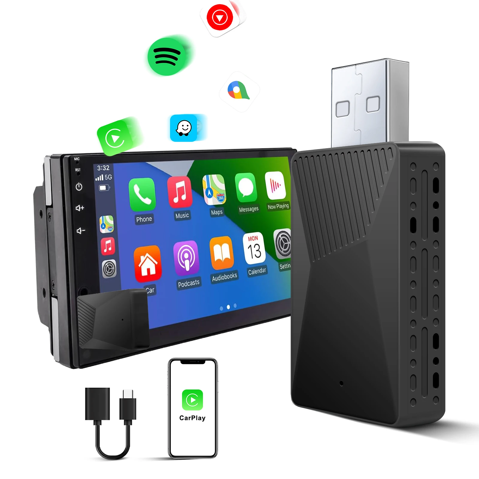 Ezonetronics Wireless Car Play android auto adapter for factory wired car Plug and Play Fashionable and Portable 2 in 1