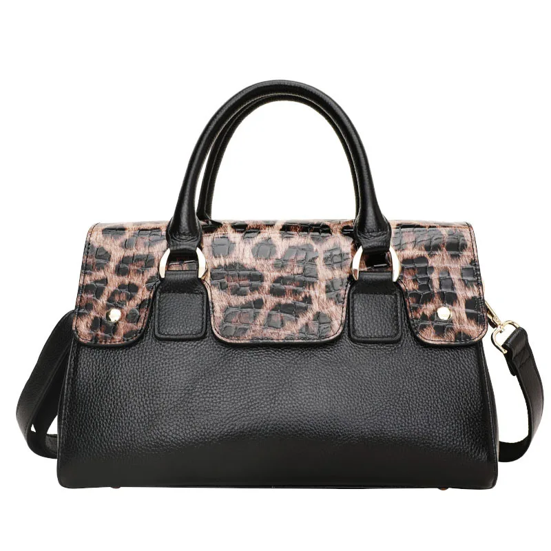 New Fashion Leopard Women Handbags Cow Genuine Leather Shoulder Bags European Designer Female Brand Luxury Crossbody Boston Bag