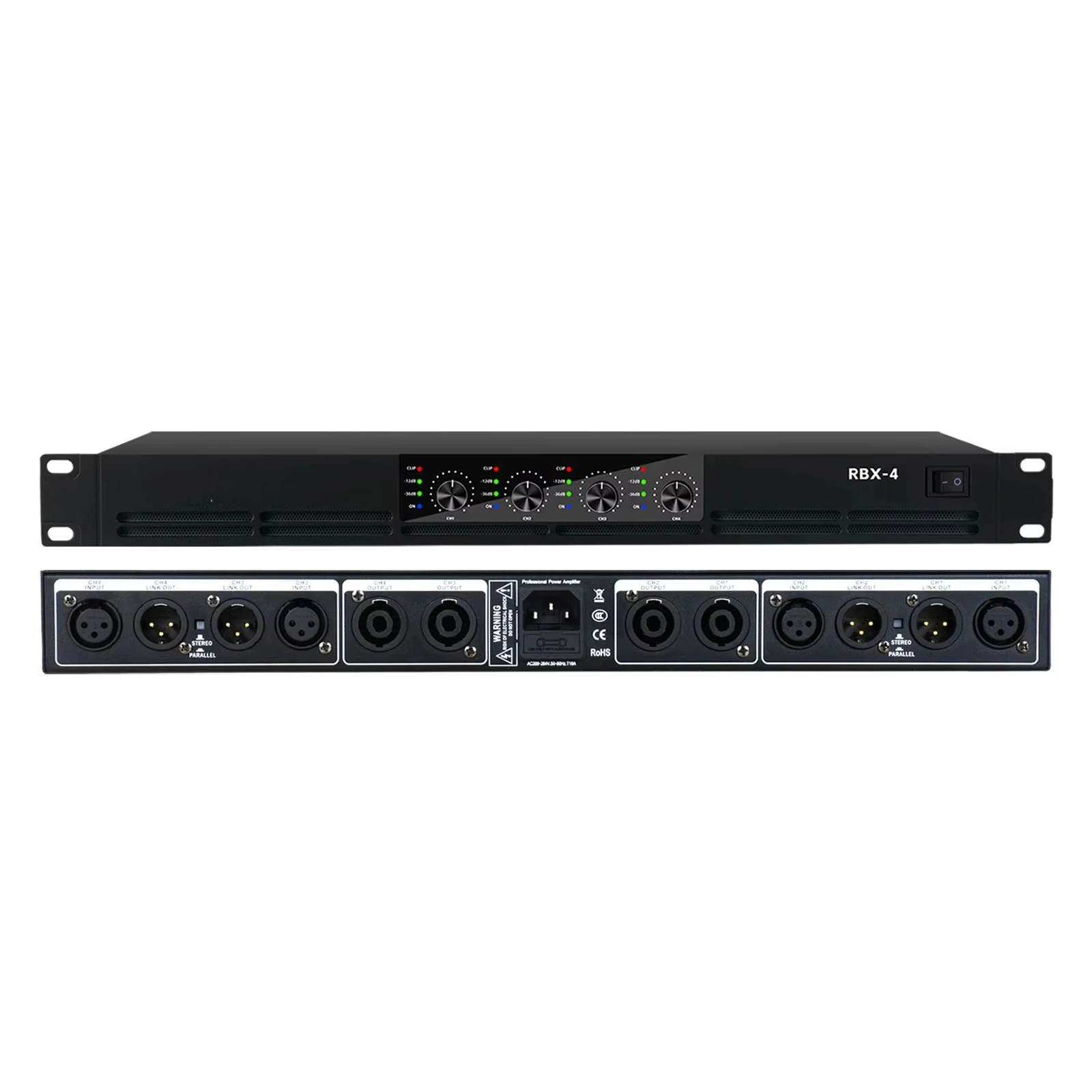 RBX-4 Riworal Clase D 1600W Amplificador de Potencia Digital de 4 Canales para Altavoces