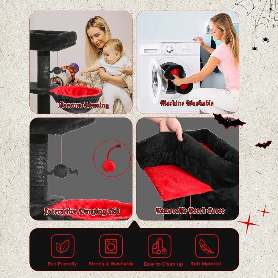 برج شجرة القطط القوطية من PETEPELA للقطط الداخلية، شقة برج القطط الصغيرة مقاس 31.5 بوصة مع منحدر خدش من السيزال، أرجوحة مريحة وإزالة #6