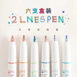 6pcs 2 Lines Colored Marker Pens DIY Drawing Painting Graffiti Pen 0.5mm Gel Pens Pigment Liner Highlighter Kawaii Stationery