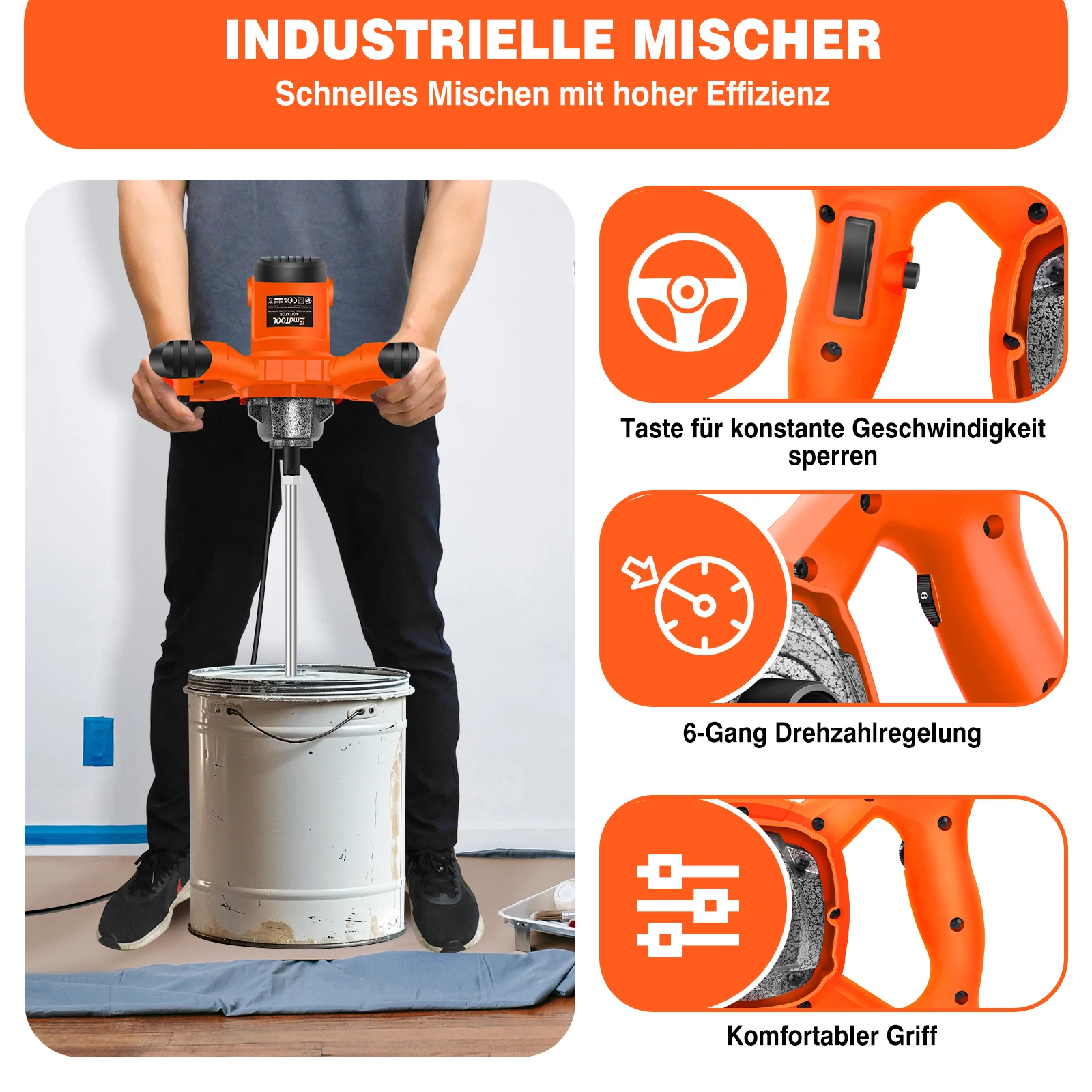 خلاط أسمنتي معدني بقدرة 3000 وات 6 سرعات، أداة خلط جص هاون الطلاء الكهربائي، مجداف تقليب قضيب حلزوني M14