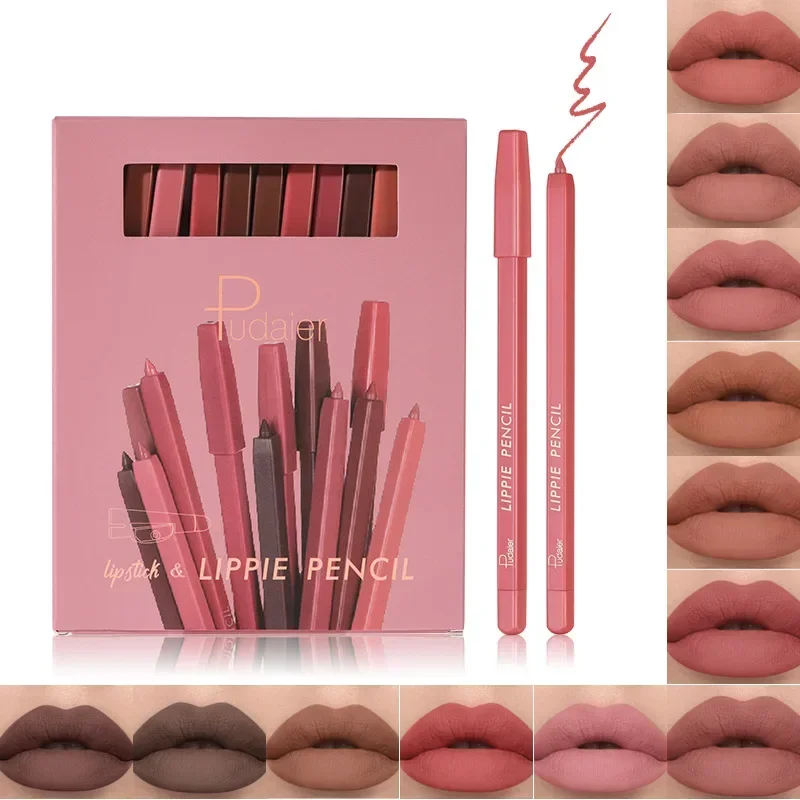 Pudaier 12-kolorowa matowa konturówka do ust z zestawem temperówek Makijaż Trwała aksamitna szminka w pisaku Nude Contour Pulch Lip Liner Tint