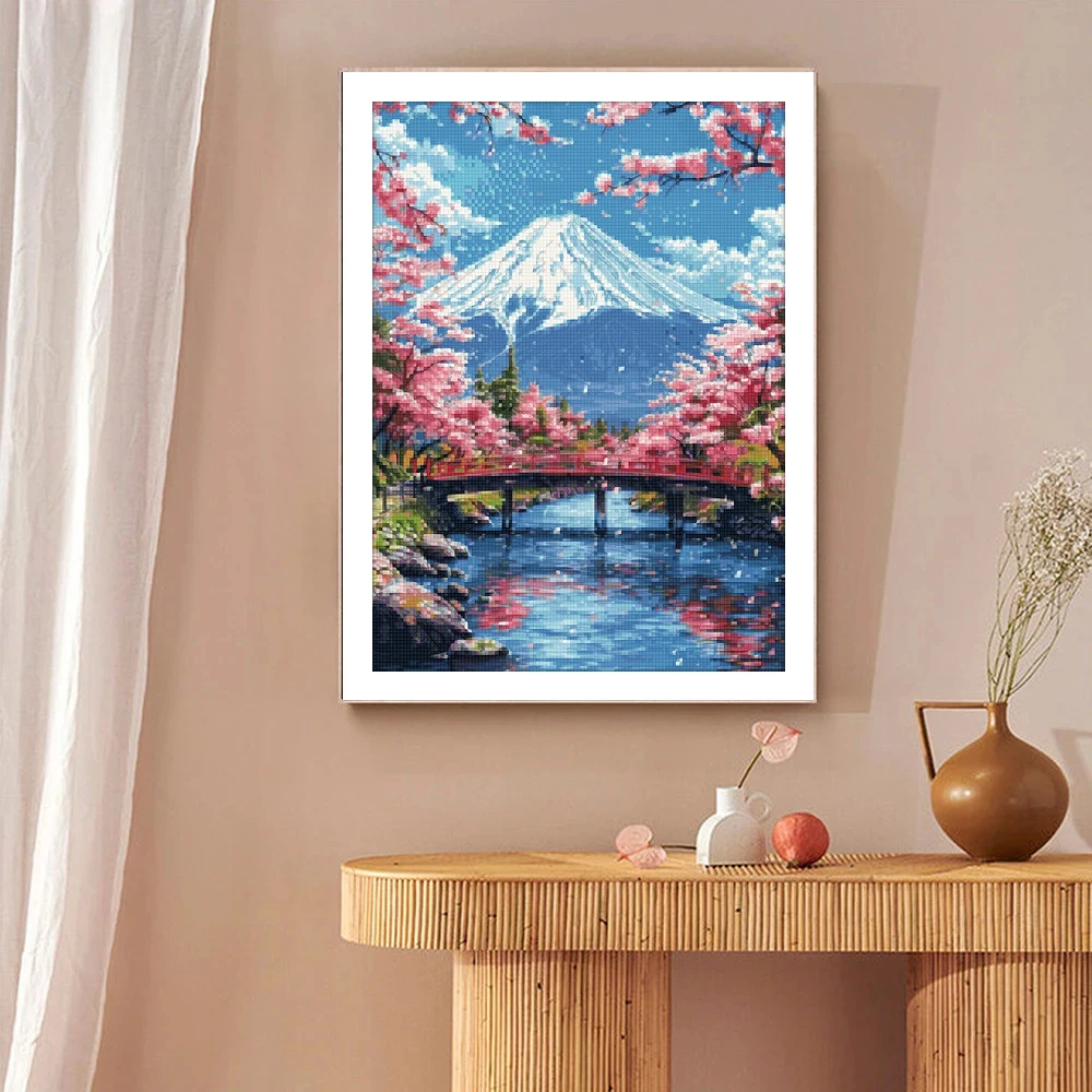 unframe 5D Diamond Painting Landscape Cherry Blossoms and Mount Fuji Scene Diamond Mosaic DIY Craft Set Home Wall Decor Adult Be