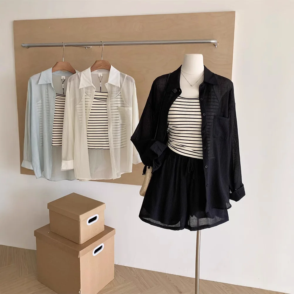 

2025 Women's New Long sleeved Shirt Top Bottom Strap Shorts 3-piece Sweet Sunscreen Spring Set