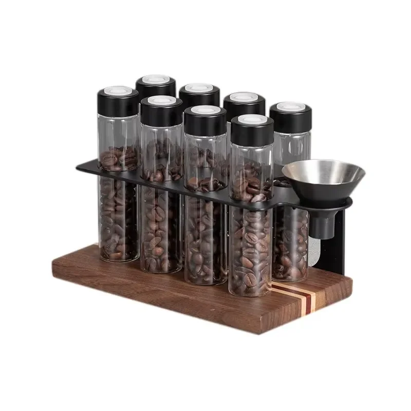 8 Pcs Clear Energy Tubes with Wooden Base for Coffee Pod Storage Kitchen Spice Organizer Transparent Canisters for Tea Cafe