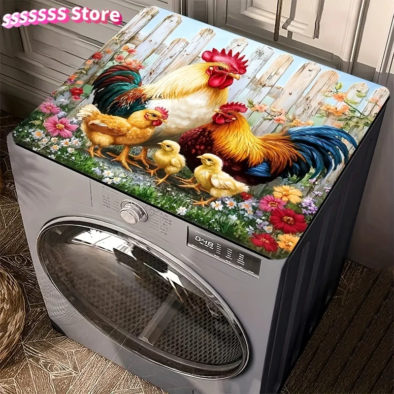 Farmhouse Chicken Family Washing Machine Dust Cover Mat - Absorbent Polyester Drying Mat with Rustic Floral Design, Multi-Use F