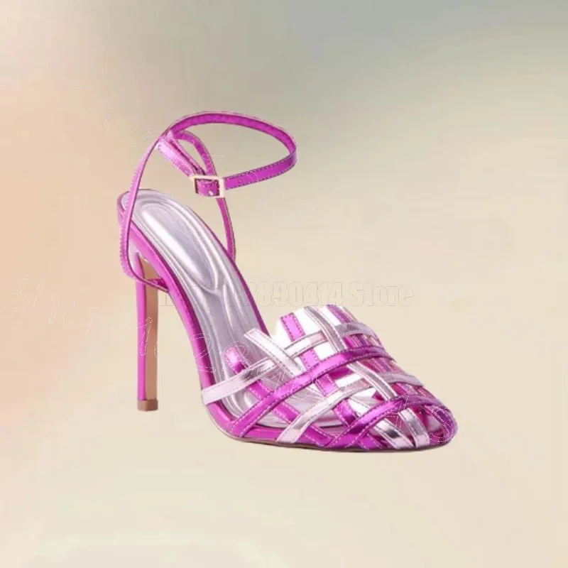 

Rose Red Knitted Hollow Design Pointed Toe Pumps Buckle Strap Women Shoes Thin High Heels Party Banquet 2025 Zapatos Para Mujere