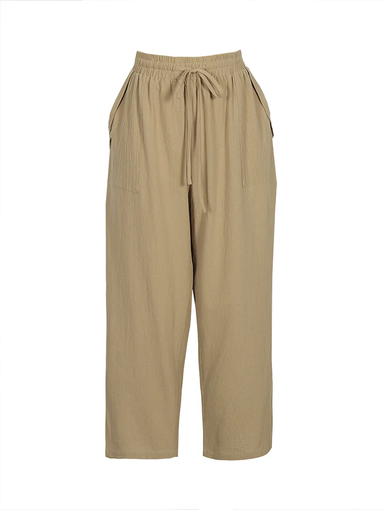 Einfarbige Freizeithose mit Kordelzug und hoher Taille in Übergröße – Lässige Alltagshose, einfache Hose mit elastischem Bund – Detail 10