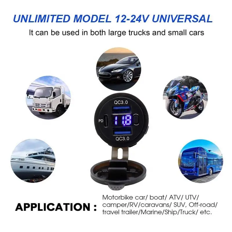 12 فولت USB محول سيارة شحن سريع مقبس الشاحن المزدوج QC3.0 PD نوع C مخرج طاقة اكسسوارات السيارات مع التبديل لشاحنة RV السيارات