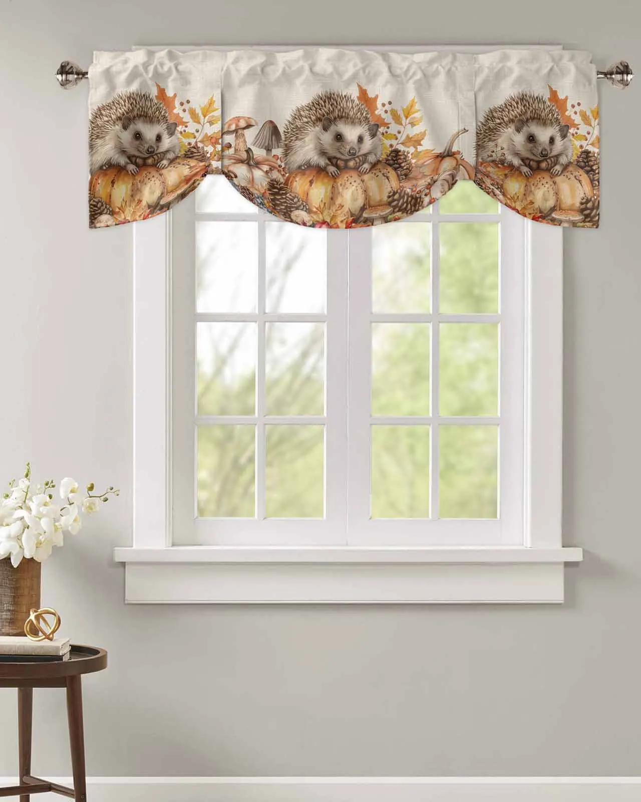 Fall Pumpkin Hedgehog Pine Cone Short Window Curtain Adjustable Tie Up Valance for Living Room Kitchen Window Drapes