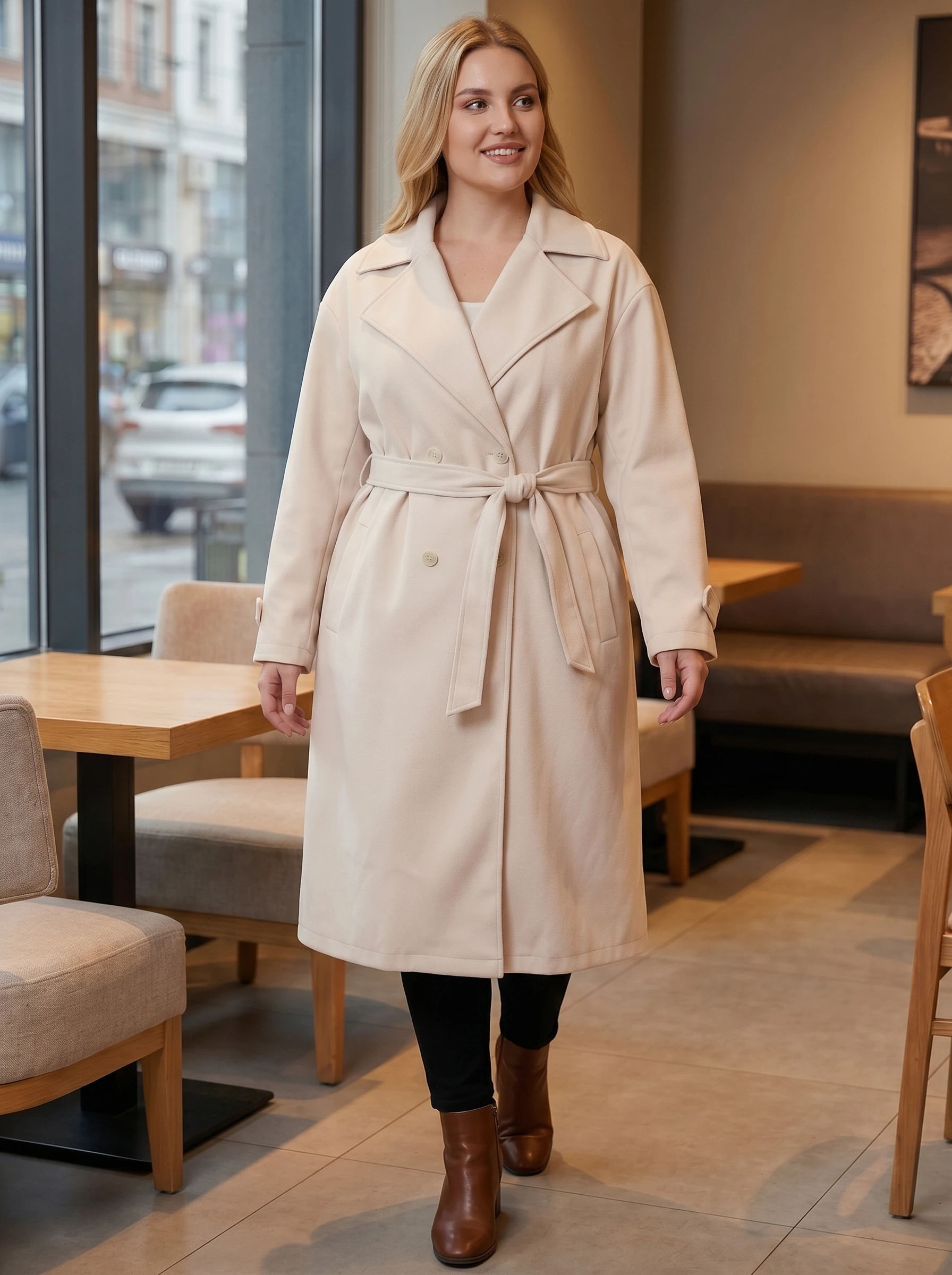 Gadinus Plus Size Women's Belted Trench Coat Double Breasted Lapel Long Sleeve Mid Length Overcoat Fall Winter Jacket